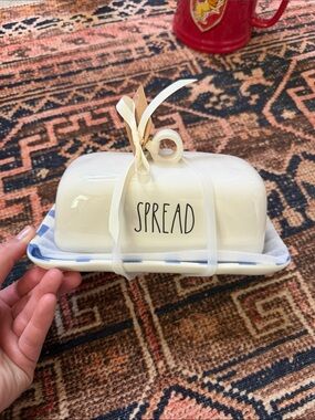 Rae Dunn Cream Ceramic Butter Dish with blue gingham
